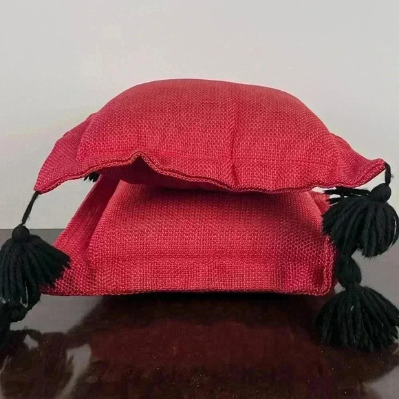 VTG Burlap Throw Pillows (2) Tassels Handmade Red And Pink Grannycore Maximalist - Picture 1 of 10